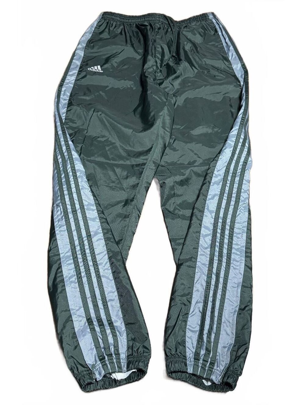 adidas Men Vintage Nylon Breakaway Lined Track Pants L Green Silver 3-Stripe Y2K